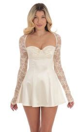 Satin Lace Sleeve Dress in Yellow Cream